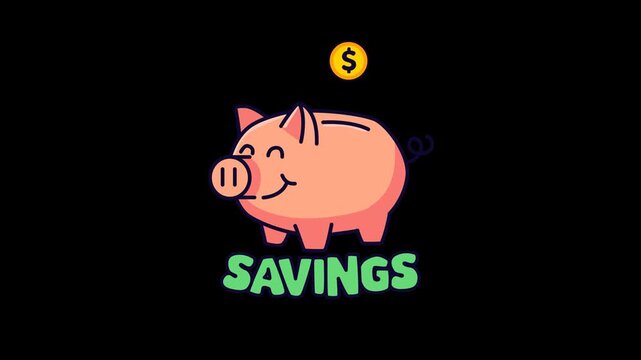 Cute piggy bank with a golden coin and colorful Savings lettering.