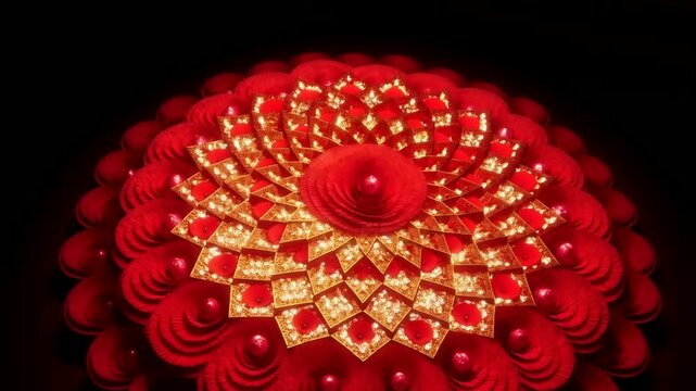 Chinese New Year Mandala Intricate Red And Gold Mandala Pattern Design With Glowing Details And Dark Background Highlighting Ornate Symmetry