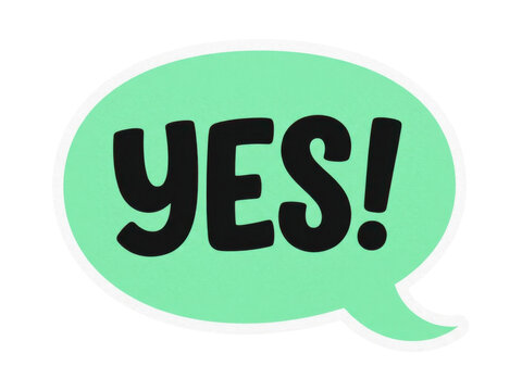Mint green speech bubble sticker with bold yes text and white border for expressive digital communication.