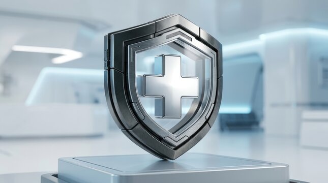 Metallic healthcare security shield standing inside a futuristic medical clinic.
