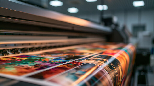 An industrial large format printer produces high resolution colorful vinyl banners. Ideal for commercial printing services, marketing materials, and manufacturing concepts.