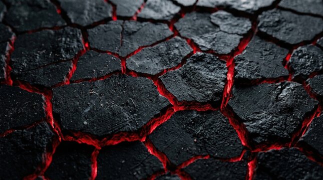 Cracked dry earth surface texture with glowing red magma heat underneath representing geological volcanic disaster or intense global warming climate change threat.