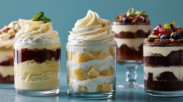 A premium advertising composition positioning several trifle dish desserts along the borders while preserving expansive architectural copy space