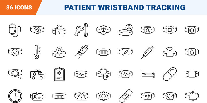 Hospital Wristband Web Icon Set in Linear Style. Collection of patient admissions line icons, including identification, medical care, patient tracking, barcode scanning, health monitoring.