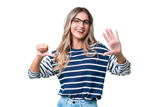 Young Uruguayan woman over isolated background counting six with fingers