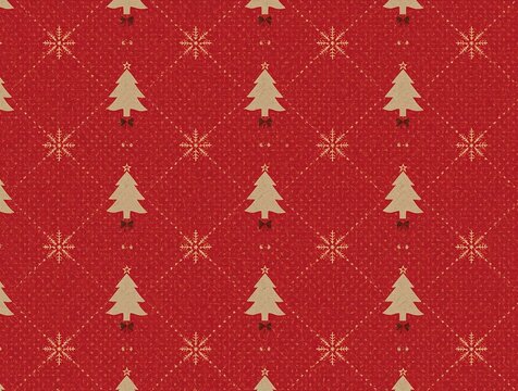Festive red christmas wrapping paper pattern featuring golden pine trees and snowflakes gold snowflakes christmas