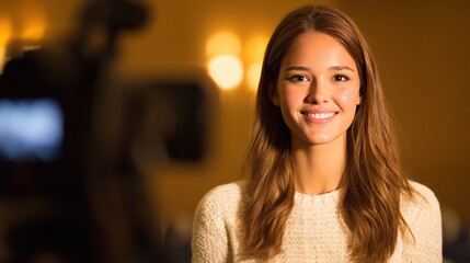 Obraz premium A young woman with long brown hair smiles warmly at the camera in a softly lit room, creating a welcoming and friendly atmosphere.