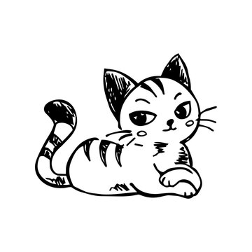 Cute Tabby Cat Cartoon in Black and White, Striped Cat Character Illustration for Kids Graphics, Stickers and Pet Design