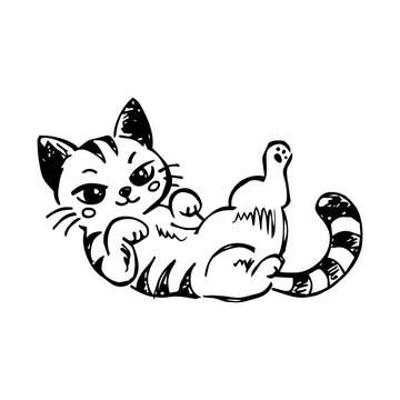Funny Cartoon Tabby Cat in Black and White Line Art, Cute Relaxed Cat Illustration for Stickers, T-Shirts and Pet Merchandise