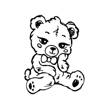 Cute Teddy Bear Black and White Character Illustration, Cartoon Bear Line Art for Stickers, Kids Design and Nursery Graphics