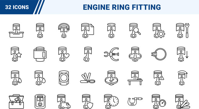 Piston Ring Fitting Web Icon Set in Linear Style. Collection of Engine Assembly line icons, including ring expansion, groove clearance, cylinder fitting, gap measurement, piston overhaul.