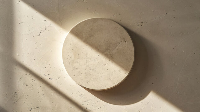 Overhead flat lay view of round marble stone display with dramatic window shadow lines