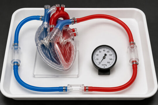 Anatomical heart model with circulation tubes and pressure gauge on laboratory tray, hemodynamic education concept
