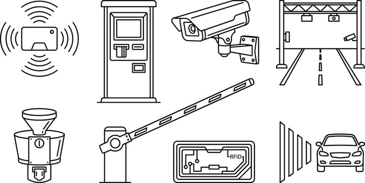 Smart Toll Road and Parking Control Line Icon Set with Automated Barrier Gates Surveillance Cameras and RFID Technology Symbols
