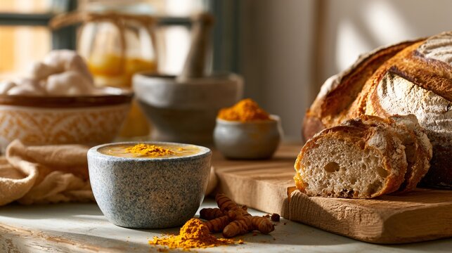 A bright farmhouse kitchen composition featuring turmeric beside homemade soup ingredients, artisan bread, and handcrafted pottery beneath soft morning sunlight