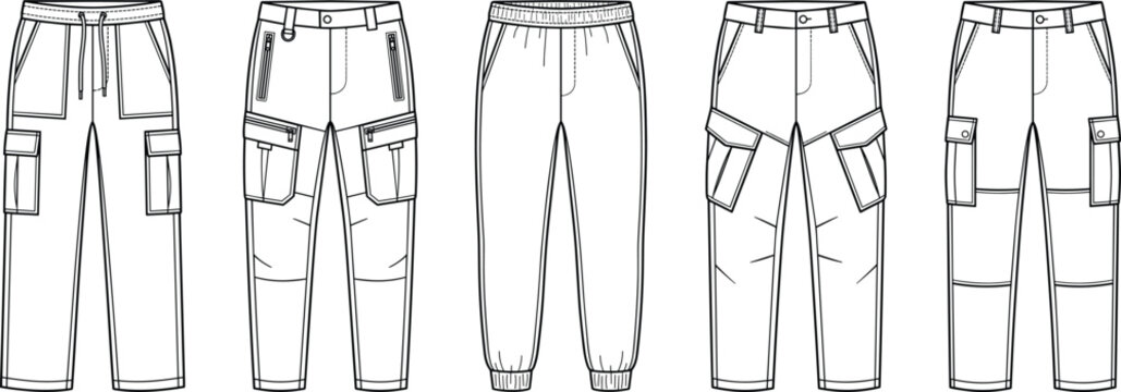Men Cargo Pants and Joggers Flat Technical Sketch Vector Icon Set for Fashion Apparel Manufacturing Templates