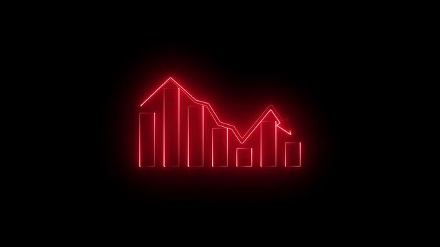 Glowing blue neon bar chart with downward arrow line on black background, futuristic business loss decline graph diagram indicator, stock market crash UI UX motion graphic video effect.