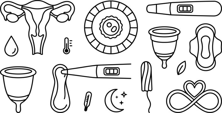 Female Menstrual Cycle Ovulation Tracking and Intimate Hygiene Care Line Art Vector Icon Set for Women Health Applications