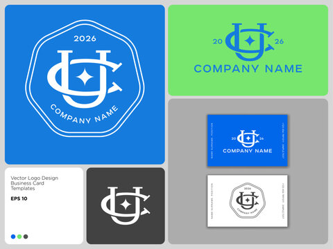 UC or CU monogram badge logo with a star icon into geometric frames.Brand identity and business card mockup.