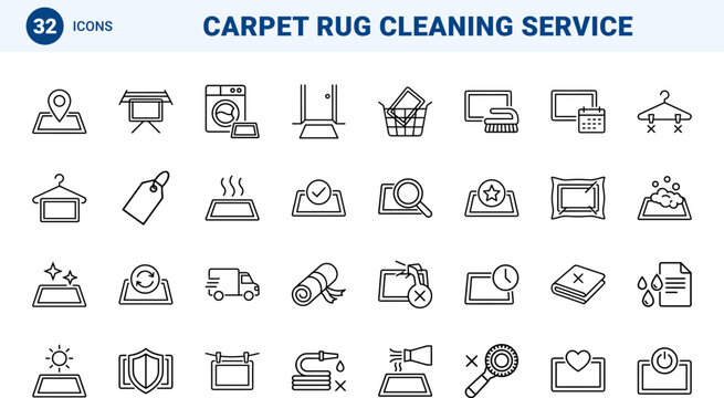 Doormat Mat Cleaning Web Icon Set in Linear Style. Collection of Rug Care line icons, including washing, deep scrubbing, stain removal, rug care, pickup, doorstep delivery.