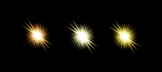 Fototapeta premium Set of three glowing star bursts with a bright light effect isolated on a solid black background