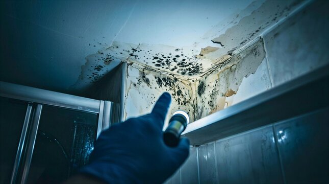 A close-up of a damp bathroom ceiling corner with black mold spots spreading across grout and drywall, a gloved hand with a small inspection light pointing toward it.