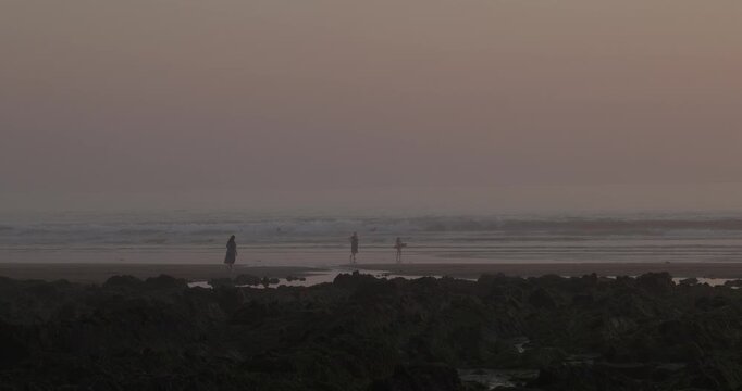 a peaceful quiet beach on a misty eerie surreal morning with wet rocks in the foreground as surfers and a bathers enjoy the surf in the choppy ocean waters 4K