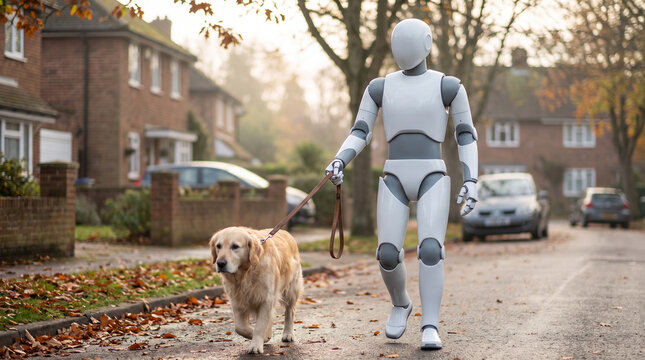 Humanoid robot walking a golden retriever on a leash along a misty residential street