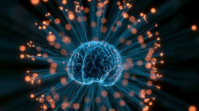 A glowing human brain representation surrounded by data transmission lines and light nodes. This illustrates advanced artificial intelligence and neural network concepts.