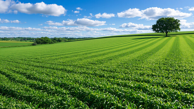 A lush green field with rows of crops stretches under a bright blue sky. This rural landscape represents agricultural growth and sustainable farming practices.