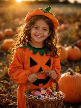 L&auml;chelndes Kind im K&uuml;rbiskost&uuml;m steht bei goldenem Sonnenuntergang im K&uuml;rbisfeld und h&auml;lt einen Korb voller S&uuml;&szlig;igkeiten &ndash; stimmungsvolles Halloween-Portr&auml;t im Herbst.