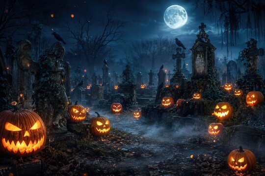 Mystischer Friedhof bei Vollmond mit alten Grabsteinen, dunklen Raben, Nebel und leuchtenden K&uuml;rbislaternen &ndash; cineastische Halloween-Landschaft voller Spannung und Atmosph&auml;re.
