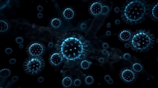 Glowing cyan particle field with spiky translucent spheres, soft blur, layered depth, dark contrast, and organic microscopic shapes drifting through spacious futuristic composition