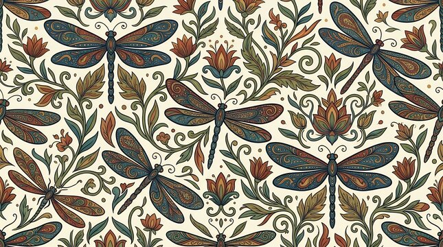 Seamless Folk Art DragonflyPattern with Elegant Botanical Leaf Flowers and Nature Inspired Floral Ornament Design dragonfly pattern seamless folk art botanical ornament floral nature leaf