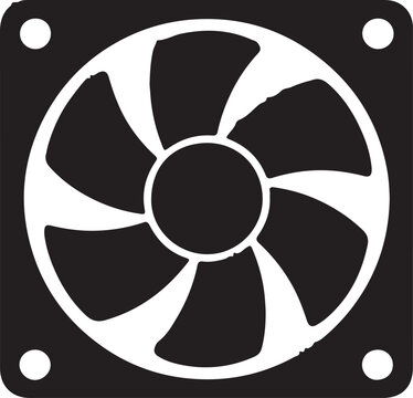 Minimalist computer cooling fan icon design featuring a clean and bold black and white graphic style silhouette