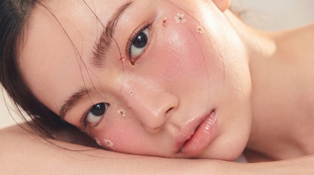 Young woman with glowing dewy skin tiny flowers glossy lips and natural beauty closeup