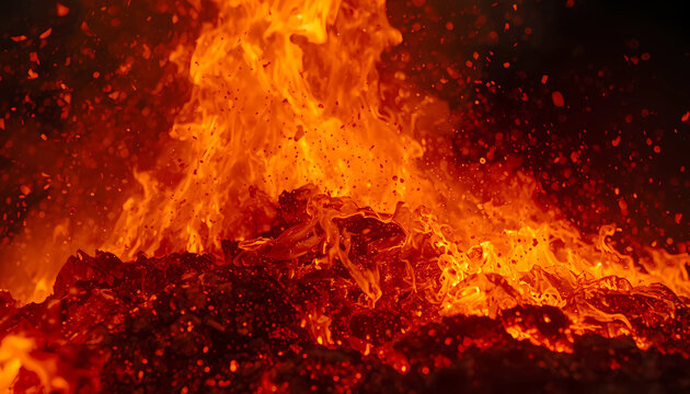 Bright burning fire with intense flames and glowing red hot embers red coals fire pit bonfire flames campfire glow heat fire charcoal wildfire combustion