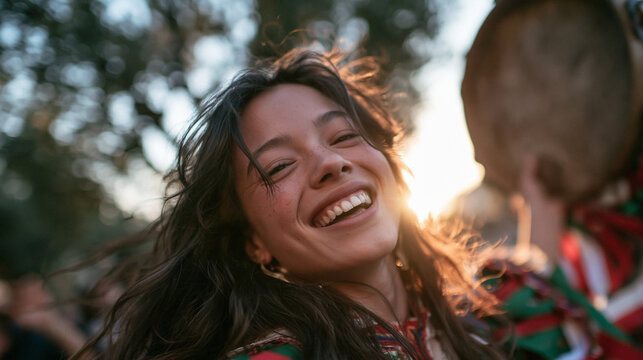 Joyful Young Woman Dancing at Outdoor Folk Festival