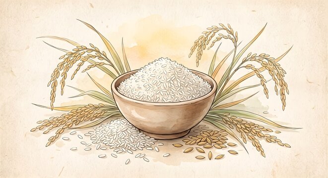 Artistic Watercolor Illustration of Ceramic Bowl Filled with White Rice and Golden Paddy Stalks