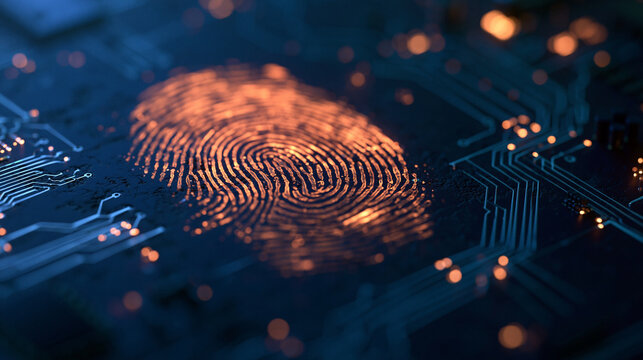 A glowing orange fingerprint is integrated into a dark circuit board background. Concept for cybersecurity, digital identity, and modern biometric data technology.