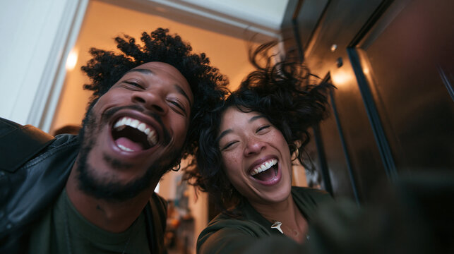 Excited Young Couple Laughing Together at Doorway