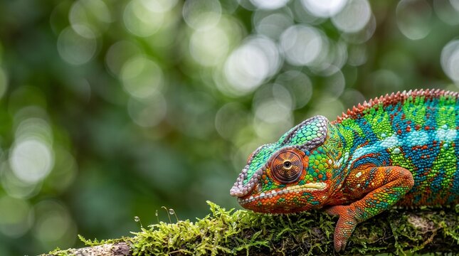 Colorful Panther Chameleon Perched on Mossy Rainforest Branch