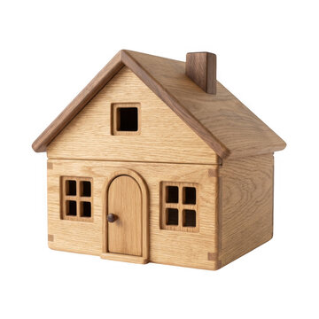 Handcrafted wooden toy house with gabled roof isolated on a transparent background