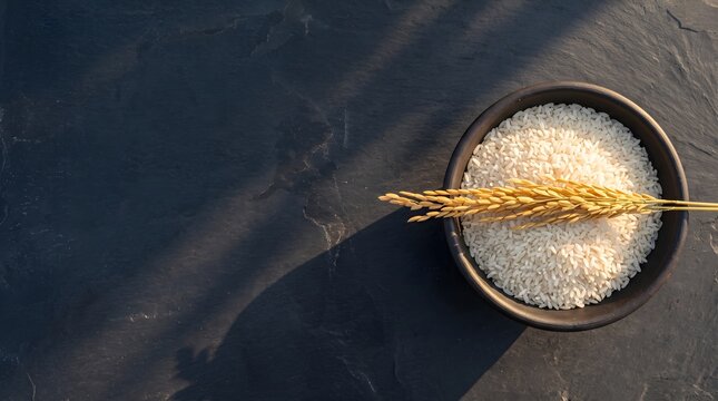 Overhead Shot of Black Ceramic Bowl with White Rice and Golden Paddy Ear on Slate