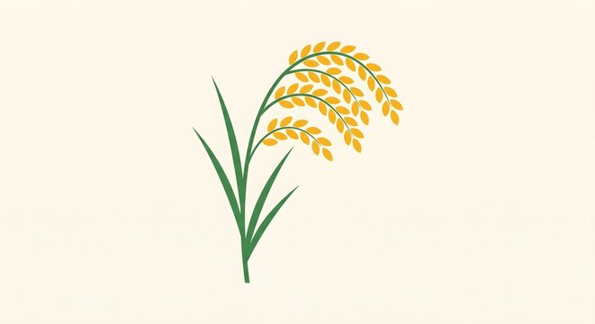 Minimalist Flat Design Vector Illustration of Ripe Golden Rice Stalk