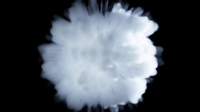 White translucent cloud expands and shifts shape against black background, forming soft rounded edges with luminous texture and flowing movement in isolated abstract composition for applications