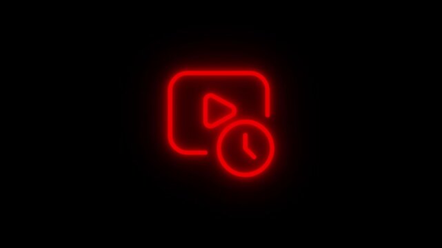 Red neon glowing play button and clock icon on black background