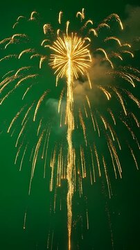 Fireworks High Detail Green Screen Golden Fireworks Explosion Lighting Up Dark Night Sky During Celebration Event Festive Holiday Pyrotechnics Display