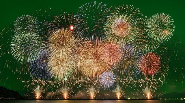 Fireworks High Detail Green Screen Vibrant Colorful Fireworks Exploding in Dark Night Sky During Celebration Festival And Holiday Event