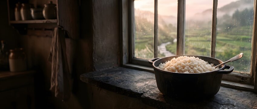 Steaming Cooking Pot of White Rice on Rustic Window Sill with Terraced Fields View